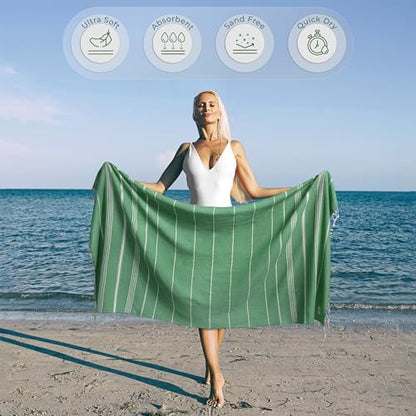 Ossano Turkish Beach Towel Absorbent & Lightweight Oversized (39" x 71") - Quick Dry, Versatile and Functional as Yoga Mat, Picnic Blanket, Travel Blanket, Bath, Shower and Body Towel - Sea Green - color: Sea Green