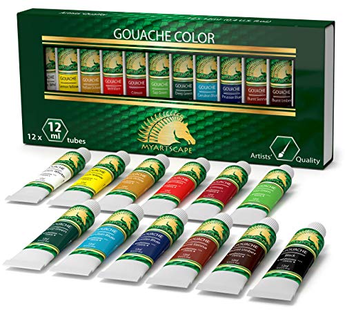 MyArtscape Supplies Paint Set - Gouache 12 x 12ml Paint Tubes - Fade-proof - Rewettable - High Pigment Load - with Premium Set of 15 Short Handle Art Brushes for Watercolor, Acrylic & Oil Painting