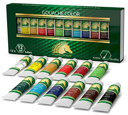 MyArtscape Supplies Paint Set - Gouache 12 x 12ml Paint Tubes - Fade-proof - Rewettable - High Pigment Load - with Premium Set of 15 Short Handle Art Brushes for Watercolor, Acrylic & Oil Painting