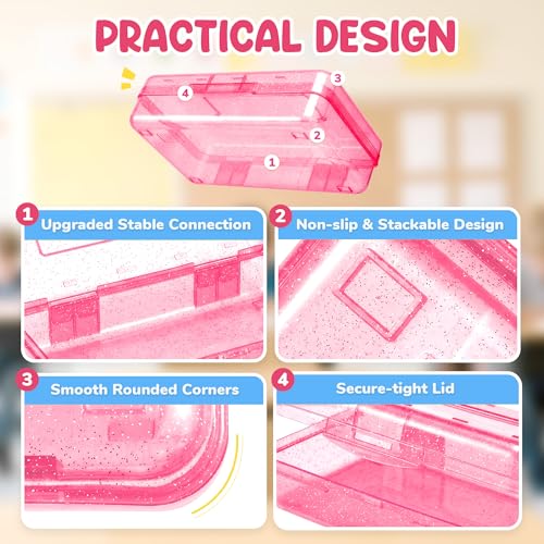 GAMENOTE Plastic Pencil Box with Snap Lid, School Supply Case, Glitter Pink | Kid Large Hard Pencil Case with Personalized Sticker, Snap-tight Lid, Small Art Craft Storage Containers for Boys, Girls - color: Glitter Pink