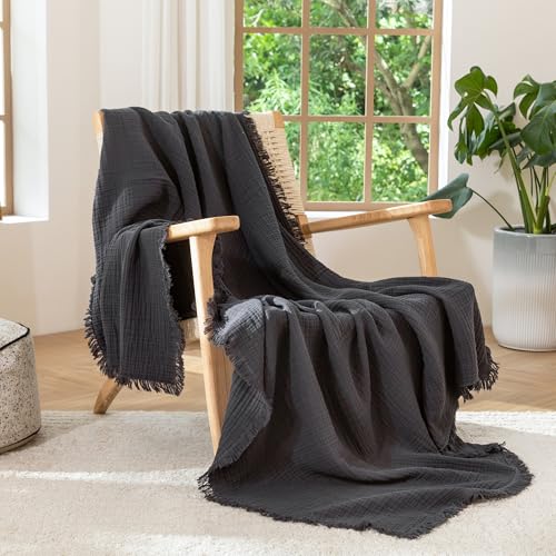 MooMee 100% Cotton Muslin Blanket, Fringed 4-Layer Gauze Bed Throw Blankets - color: Dark Grey, size: Super King