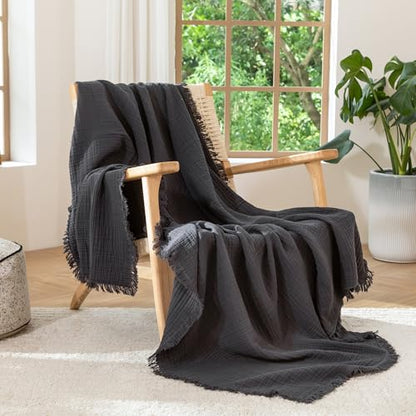 MooMee 100% Cotton Muslin Blanket, Fringed 4-Layer Gauze Bed Throw Blankets - color: Dark Grey, size: Super King