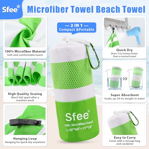 Sfee 2 in 1 Microfiber Beach Towel, Quick Dry Towel Camping Towel Travel Towel Super Absorbent Compact Lightweight Sports Gym Towels Set for Beach, Gym, Hiking, Pool, Backpacking, Bath, Yoga - color: Green Stripe, size: L 60"x30"+24"x15"