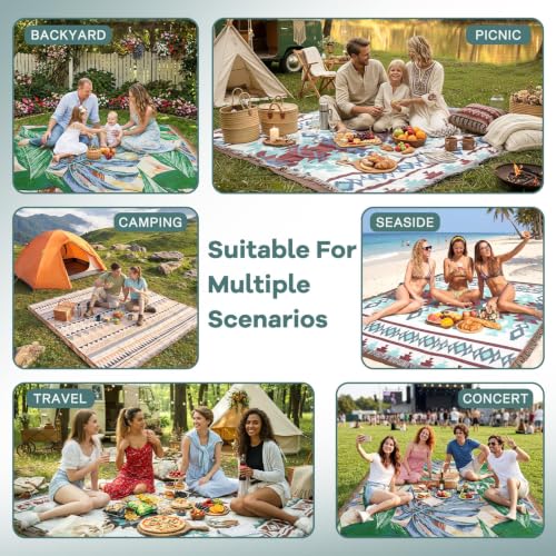 RYCHIC 2 in 1 Extra Large Outdoor Rug Picnic Blanket Camping Mat Lightweight Oversized Giant Turkish Boho Beach Mexican Serape Baja Cobijas Mexicanas para Mesa Stadium Outside Festival Grass Hammock - color: Boho Green