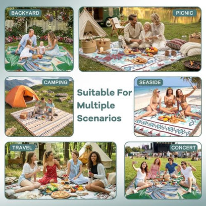 RYCHIC 2 in 1 Extra Large Outdoor Rug Picnic Blanket Camping Mat Lightweight Oversized Giant Turkish Boho Beach Mexican Serape Baja Cobijas Mexicanas para Mesa Stadium Outside Festival Grass Hammock - color: Boho Green