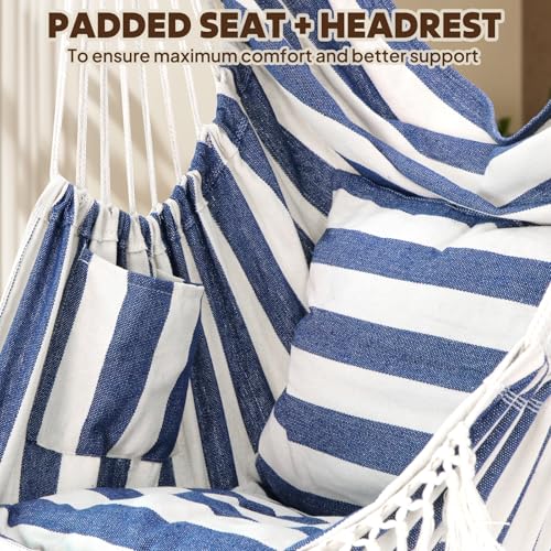 Chihee Hammock Chair Foot Rest 2 Cushions Max 485 lbs Metal Spreader Bar | Robust Hanging Chair Soft Cotton Blended Swing Collapsible Easy Storage Strong Strap Iron Carabiner Pocket Indoor Outdoor - color: Blue/White Stripes