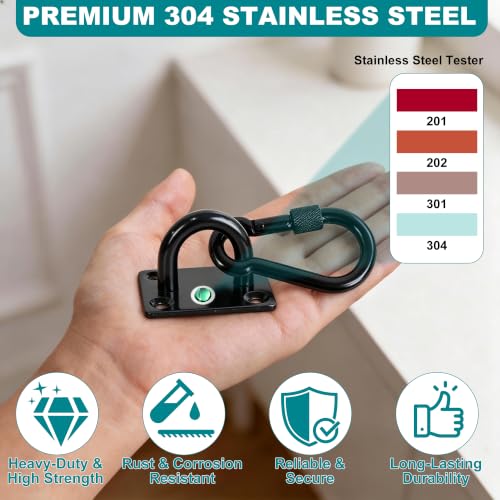 304 Stainless Steel Pad Eye Snap Hooks, 1500LBS Heavy Duty Ceiling Hook, M8 | Black Hanging Kit with Locking Carabiner, Pad Plate Hooks for Hammock, Chair Swing, Plant,Sun Shade Sail, Marine Boat, Yoga - color: Black Square, size: M8