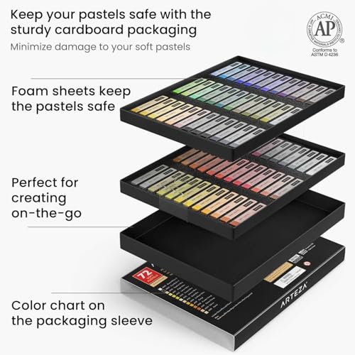 ARTEZA Soft Pastels for Artists, Set of 72 Chalk Pastels for Artists Sticks, Chalk Crayons Art Supplies for Drawing, Blending, Layering, and Shading