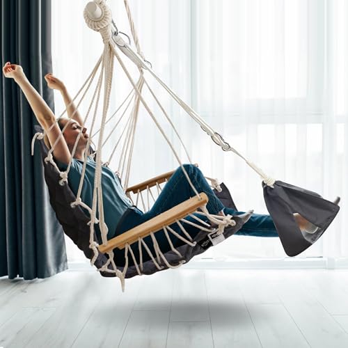 Hammock Chair Hanging Swing,with Footrest&Wooden Armrest;Dark Grey | Steel Spreader Bar, Headrest Piillows,Quilted Fabric for Porch/Garden/Outdoor/Indoor,Upto350lbs