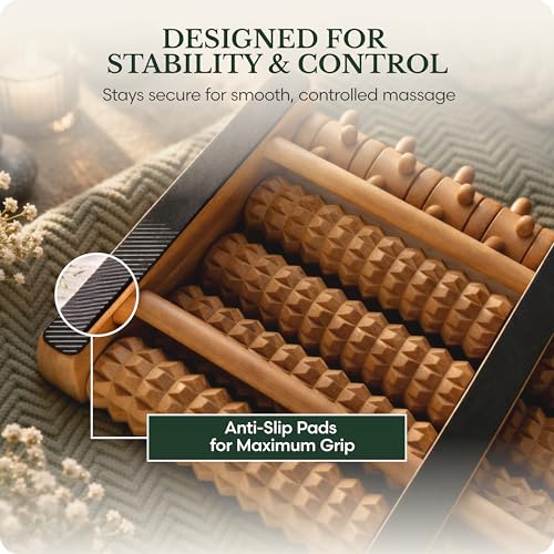 Brookstone Foot Massager Roller Plantar Fasciitis Pain Relief - Wooden Under Desk Feet Massage - Dual Manual Heel Massagers - Wood Rolling Acupressure Tool with Reflexology Guide - Gift for Men, Women