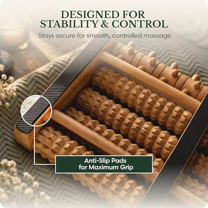 Brookstone Foot Massager Roller Plantar Fasciitis Pain Relief - Wooden Under Desk Feet Massage - Dual Manual Heel Massagers - Wood Rolling Acupressure Tool with Reflexology Guide - Gift for Men, Women