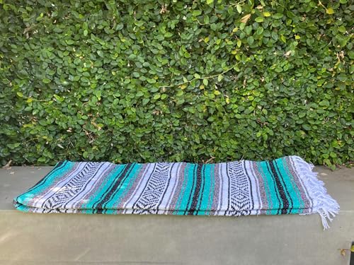 Del Mex Classic Mexican Blanket, Large Authentic Woven Falsa Throw (70"x50"), Artisan Southwest Décor for Beach, Yoga, Outdoors (Teal) - color: Teal