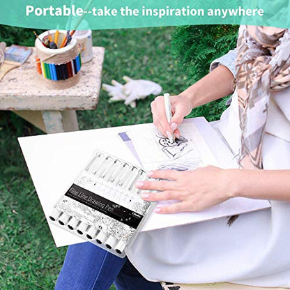 Ohuhu Fineliner Micro Drawing Pens: 8-size Tips (Ultra-fine, Fine & Brush) | Waterproof Pigment Black Ink for Illustration Drawing Journaling Sketching for Artist Beginners
