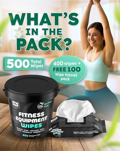 Gym & Yoga Mat Cleaner Wipes, Plant Based - 500 Gym Equipment Wipes to Clean Exercise Equipment, Treadmill, Peloton Bikes - Gym Supplies, Yoga Supplier, Cleaning Wipes for Home & Gym - Spa Fresh Scent