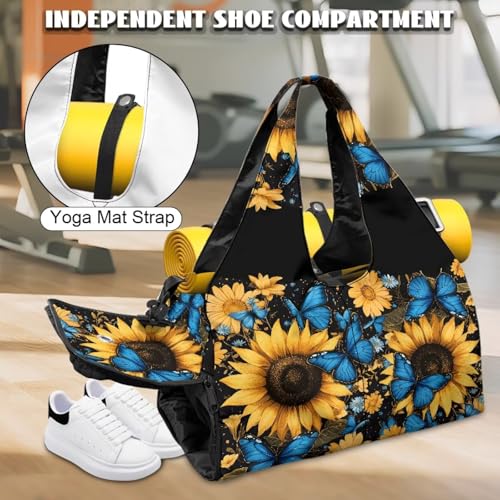 Gym Bag with Yoga Mat Holder Large Tote Bag With Multi Pockets for Women Men Dry Wet Separated Pocket Carryall Yoga Tote Bag for Pilates Travel Workout Office - color: Blue Butterfly