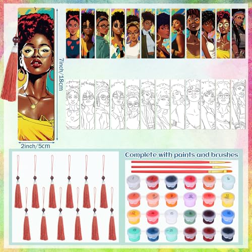 Kosiz 12 Pcs Black Women Paint by Number Kit for Adult Wood Bookmark | Mini Paint by Numbers Kit, Painting Decor, Tiny Tassels Blank Bookmarks, for Small DIY Craft Book Lovers Gift 7x2 '' - style: Black Women Theme