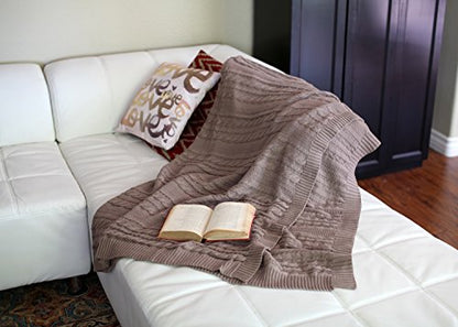 Viverano Organic Cotton Cable Knit Throw Blanket, 50 X 70, Super Soft (Earth Brown)