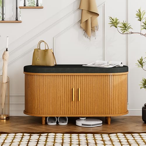 DHH 2-Tier Storage Bench,Wide Shoe Bench with Thickened Padded Seat Cushion, Mid Century Modern Fluted Sliding Door and Adjustable Shelf, for Entryway, Living Room, Bedroom (Yellow Walnut, 35.4“) - color: Yellow Walnut, size: 35.4 inch