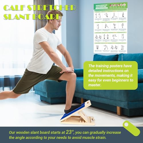 Slant Board Calf Stretching, 300 LBS Capacity Portable Wooden Incline Board | Training Poster, 5 Adjustable Angles, Non-Slip Calf Mobility Board for Legs, Ankles, Knees, Heels, Physical Therapy & Squats