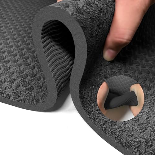 Yoga Mat 1/3" (8mm) Thick Non-Slip, Women Men Fitness & Exercise Mat, 72"Lx24"W Eco-Friendly TPE Workout Mat with Carrying Strap for Yoga, Pilates, Home Gym, Floor Exercises - color: Black