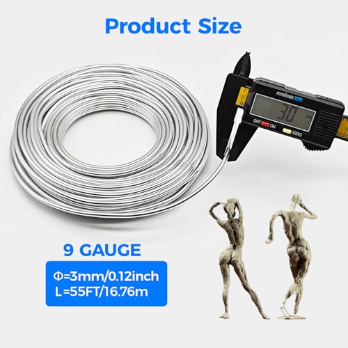 55FT 9 Gauge(3mm) Flexible Craft Wire, Aluminum Armature Wire for Plants | Strong, Bendable Wire for Crafting, Wire Wrapping, Floral, Sculpting, Doll Making, Modelling, Bonsai Tree, Anti-Rust, Silver