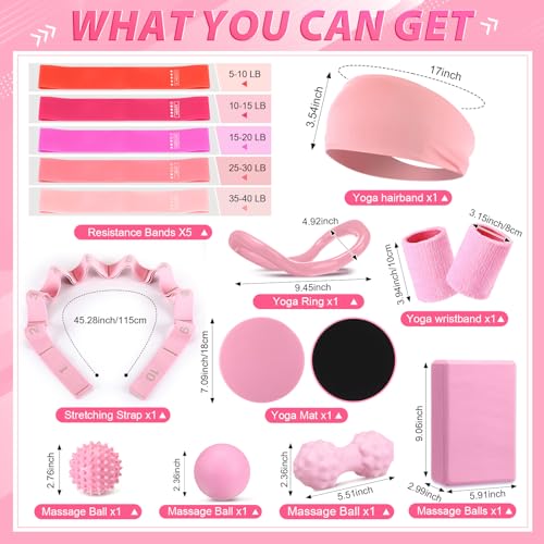 Halloscume 24 Pcs Pilates Kit, Home Pilate Equipment for Women, Pilates Ring and Ball Set with Stretching Strap, Water Bottle, Magic Circle, Yoga Ring, Gym Bag, Resistance Band, Anti Slip Sock - color: Pink