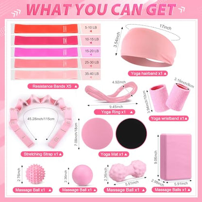 Halloscume 24 Pcs Pilates Kit, Home Pilate Equipment for Women, Pilates Ring and Ball Set with Stretching Strap, Water Bottle, Magic Circle, Yoga Ring, Gym Bag, Resistance Band, Anti Slip Sock - color: Pink