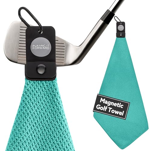 Magnetic Golf Towels for Golf Bags with Clip & Ultra Strong Magnet - Waffle Weave Microfiber Towel for Secure Hold on Bags & Carts - Ideal Club Cleaner & Accessories - Aqua - color: Aqua