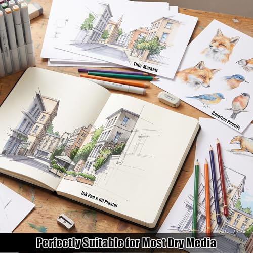 Hardcover Sketchbook 5×7 in, 180 GSM, 80 Sheets/160 Pages, Black | Acid-Free Heavy Paper, Pu Cover, Perforated Pages, Elastic Closure, Back Pocket, for Drawing & Sketching - size: 5×7 Inch (1 Pack)