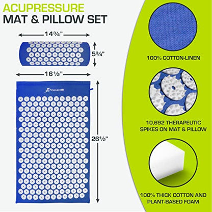 ProsourceFit Acupressure Mat and Pillow Set for Back/Neck Pain Relief and Muscle Relaxation, Blue - color: Large - Blue/White, size: Large