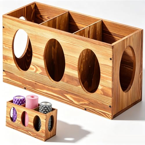 Sintuff Vintage Wood Yoga Mat Holder Storage Organizer Floor Standing Foam Roller Holder Rack for Home Yoga Mats Gym Sports Exercise Accessories Dumbbell Resistance Bands - color: Burnt Wood, style: 3 Slot