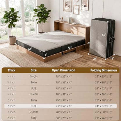 ROXGOX Memory Foam Trifold Mattress, Foldable Mattress Full Size 6 Inch, Portable Floor Bed with Washable Cover, Handle & Non-Slip Bottom, for RV, Travel, Camping, Yoga, 73"x52"x6", Grey - size: Full, style: 6 Inch-Grey
