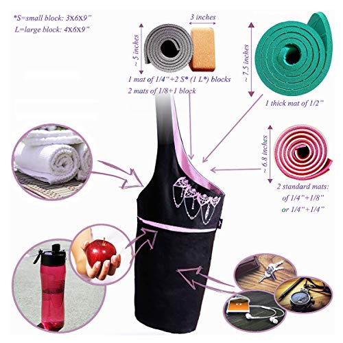 Yoga Mat Bag & Carrier with Pockets for Women | Holds yoga & pilates mats up to 72 in, Fits thick mats, Water bottle & zip pockets, 2 mat straps included, Gift-boxed - color: Black & Pink