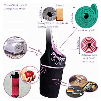 Yoga Mat Bag & Carrier with Pockets for Women | Holds yoga & pilates mats up to 72 in, Fits thick mats, Water bottle & zip pockets, 2 mat straps included, Gift-boxed - color: Black & Pink