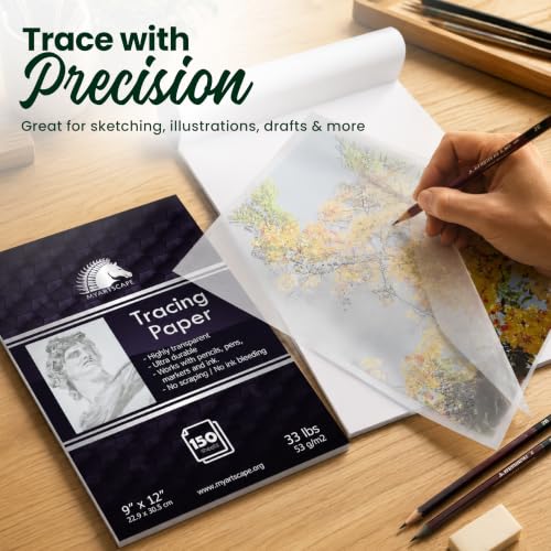 MyArtscape Tracing Paper Pad - 9 x 12 in 150 Sheets 33 lb | Transparent tracing paper for drawing with 33 lb acid free paper for pencils pens markers and ink