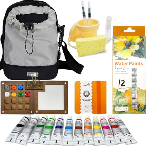 Zoorka All-in-One Mini Watercolor Paint Set, 12 Color Travel Pocket Kit | Walnut Palette, Crossbody Bag, Sketchbook & Brushes, Great for Urban Sketching, Outdoor Painting & Creative Gifts - color: Orange