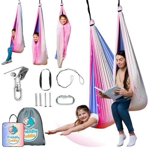 Compression Sensory Swing Adult & Kids, Indoor Outdoor Pod, Holds 300lb | indoor sensory swing for kids, outdoor sensory swing indoor, sensory swing kids, sensory toys, 360 swivel hammock swing - color: Pink and Purple Design