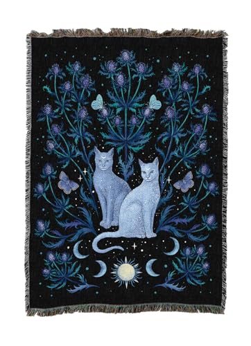 Pure Country Weavers Blue Thistle and Cat by Episodic Drawing - Gift Tapestry Throw Blanket Woven from Cotton - Made in The USA (50X60) - color: Blue Thistle and Cat, size: 50x60