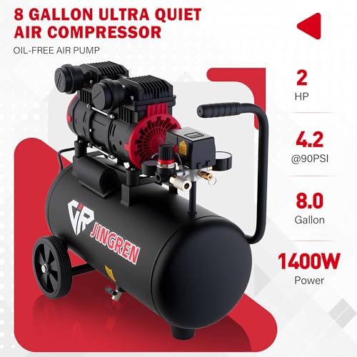 8 Gallon Quiet Oil Free Air Compressor With Air hose, Only 68dB, 2HP | Oilless Quiet Air Compressor, 4.2CFM, Max 120 PSI, 8 Gallon Air Tank for Car Repair, Spray Painting, Nailing With Air Hose
