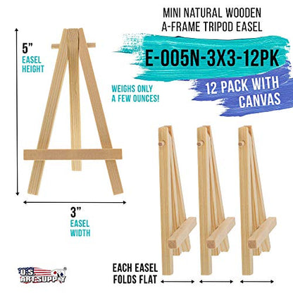 U.S. Art Supply 3" x 3" Stretched Canvas with 5" Mini Easel Kit (12 Pack) - Natural Wooden A-Frame Tabletop Display Stand, Mini Easel Stand - Small Easels for Display, Small Canvases, Crafts, Photos - size: 5" Easel & 3x3 Canvas - 12-pack