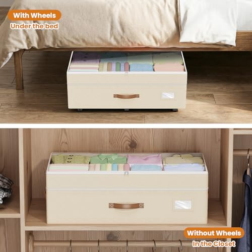 Budding Joy 80L 2 Pack Adjustable Under Bed Storage with Wheels, Beige - color: Beige