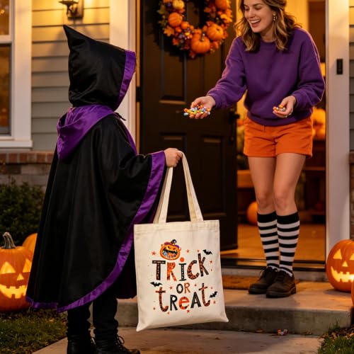 Canvas Tote Bag with Zipper for Women, Halloween Trick or Treat Bags Bulk | 13.8" x 15.3" Fashionable Two-Tone Cotton Tote Bag for Crafts, DIY Your Creative Designs - color: [A0] Halloween - Beige