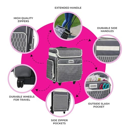 Everything Mary Rolling Scrapbook Storage Tote – Grey/White Diamond Craft Case for Paper, Binders, Beads, Scissors & Supplies – Telescoping Handle with Dual Wheels - color: Grey/White Diamond