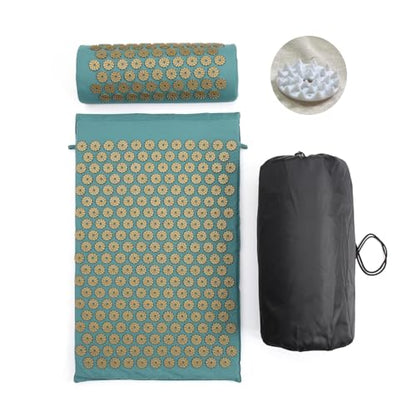 Acupressure Mat and Pillow Set for Back/Neck Pain Relief and Muscle Relaxation (Green/Gold)