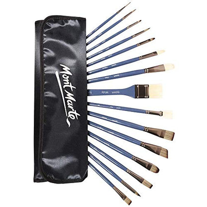 Mont Marte Premium Brush Wallet Set, 15 Piece, Includes Hog Bristle and Taklon Brushes, Suitable for Watercolor, Acrylic, Oil, Gouache and Tempera Painting