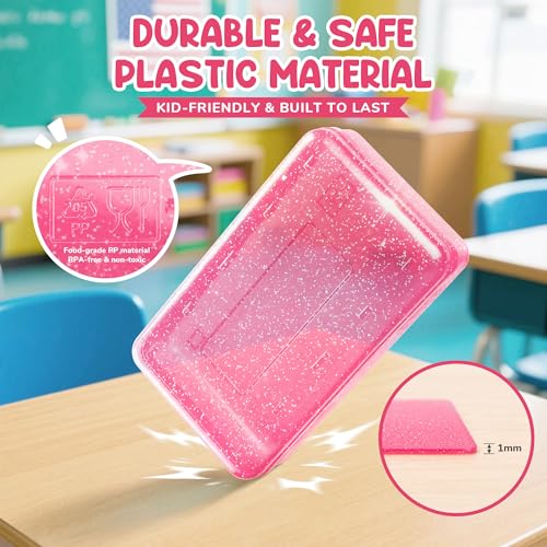 GAMENOTE Plastic Pencil Box with Snap Lid, School Supply Case, Glitter Pink | Kid Large Hard Pencil Case with Personalized Sticker, Snap-tight Lid, Small Art Craft Storage Containers for Boys, Girls - color: Glitter Pink