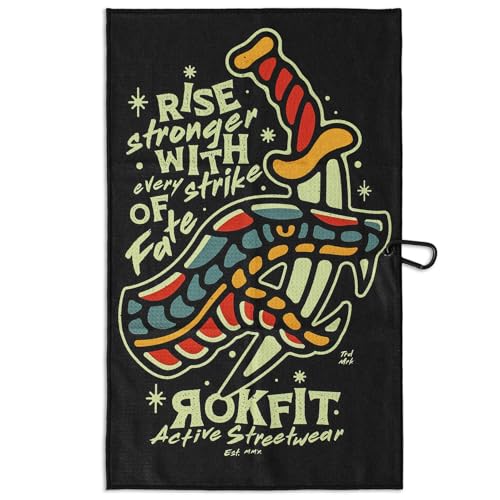 RokFit Gym & Golf Towel – Multi-Use, Quick-Dry, Durable Utility Towel with Bold Graphic and Carabiner Clip (Rise Stronger, Strike of Fate) - color: Rise Stronger With Every Strike of Fate