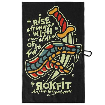 RokFit Gym & Golf Towel – Multi-Use, Quick-Dry, Durable Utility Towel with Bold Graphic and Carabiner Clip (Rise Stronger, Strike of Fate) - color: Rise Stronger With Every Strike of Fate