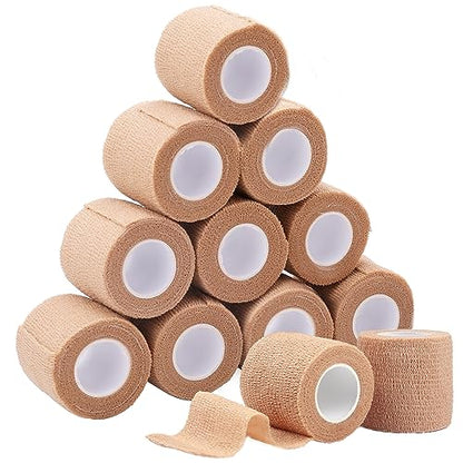 LotFancy Self Adhesive Bandage Wrap, 12 Pack, 2" x 5 Yards Non Woven Medical Tape, First Aid Tape for Athletic Wrist Ankle Sprains Swelling, Tan Color - size: 2 x 180 Inch (Pack of 12)