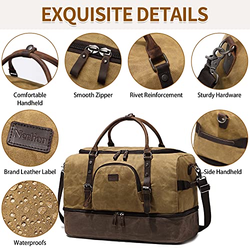 Nerlion Weekender Bag with Shoe Compartment Large Overnight Bag for Men Canvas Genuine Leather Carry on Luggage Bag Travel Duffel Bag(Brown) - color: Brown